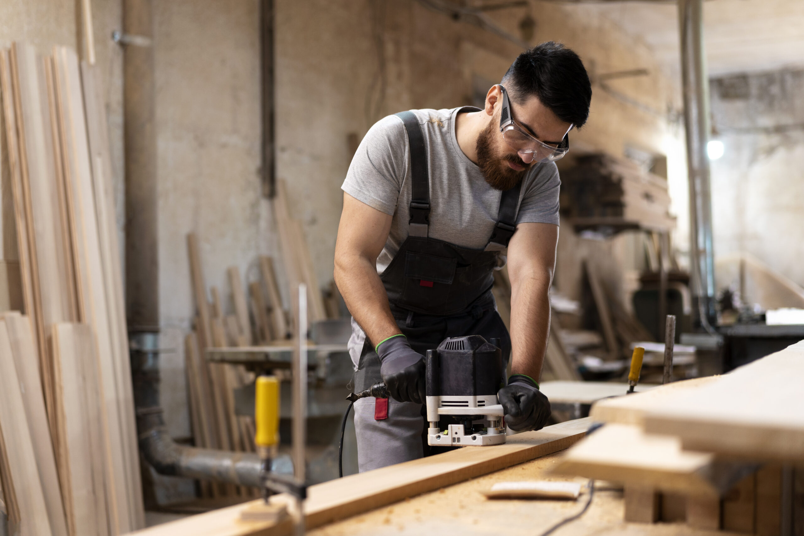 carpenter cutting mdf board inside workshop scaled