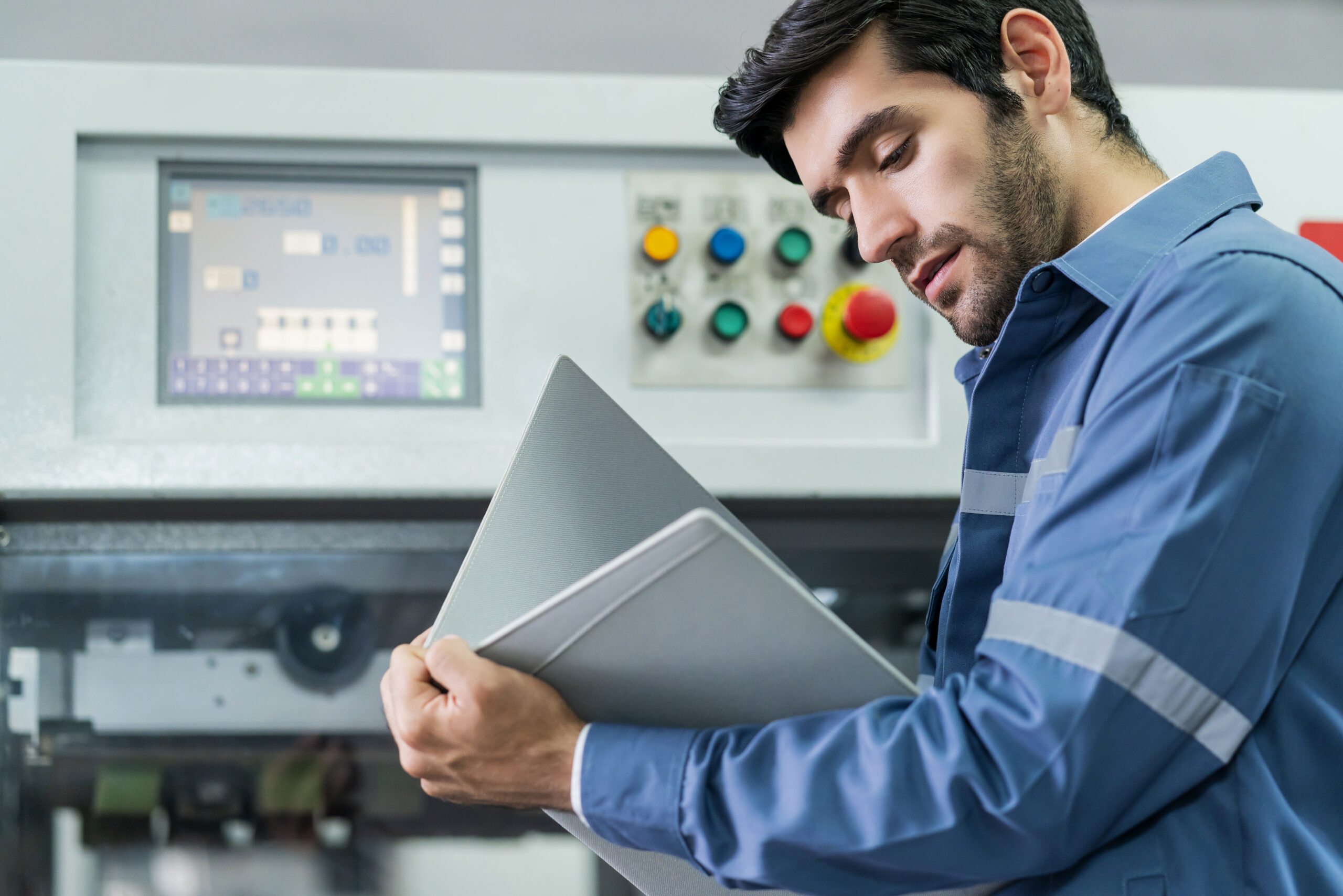 male caucasian professional engineer examine checking machinery system progress work flow result project factory background industrial technology concept scaled