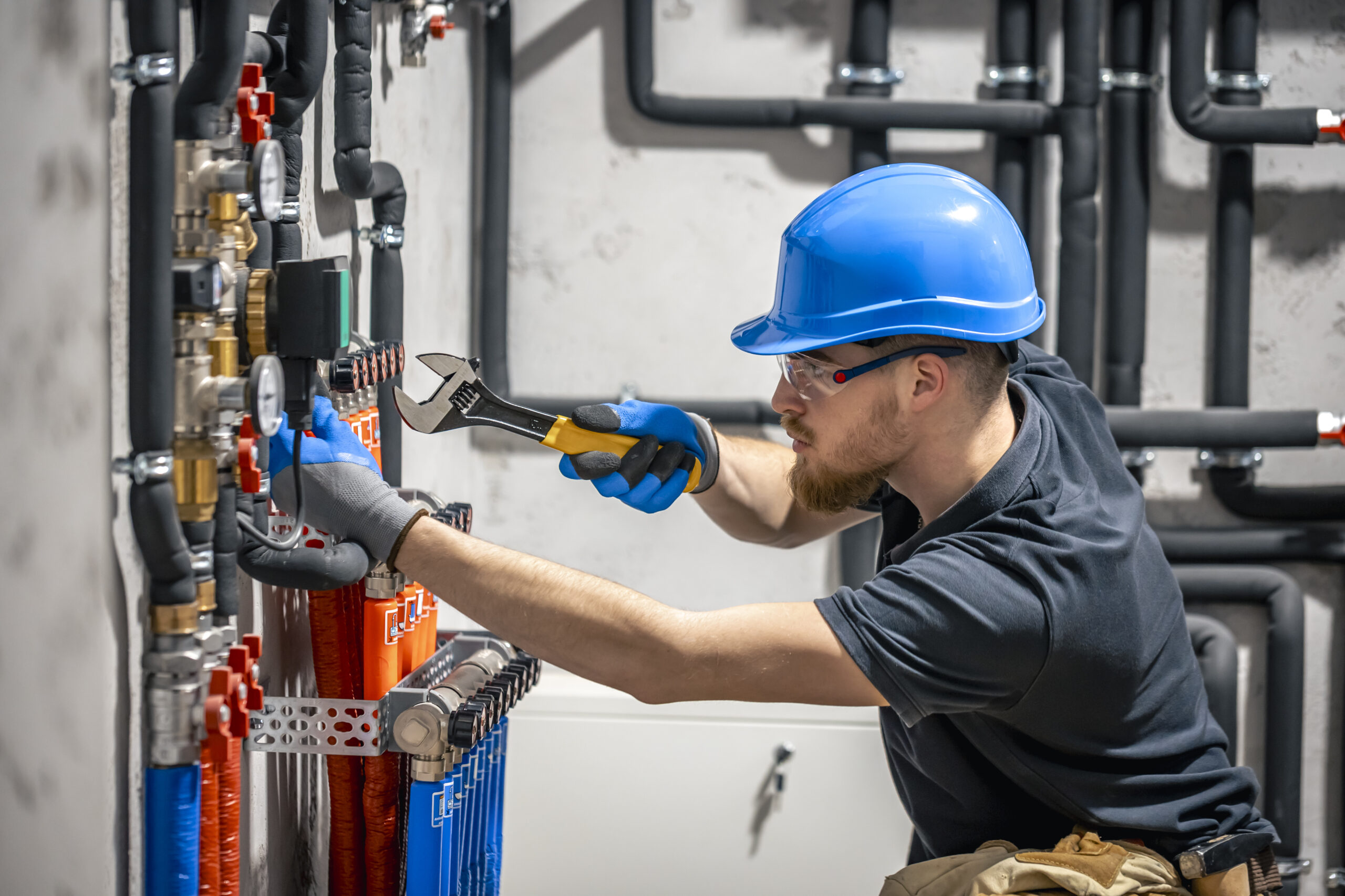 technician checking heating system boiler room scaled