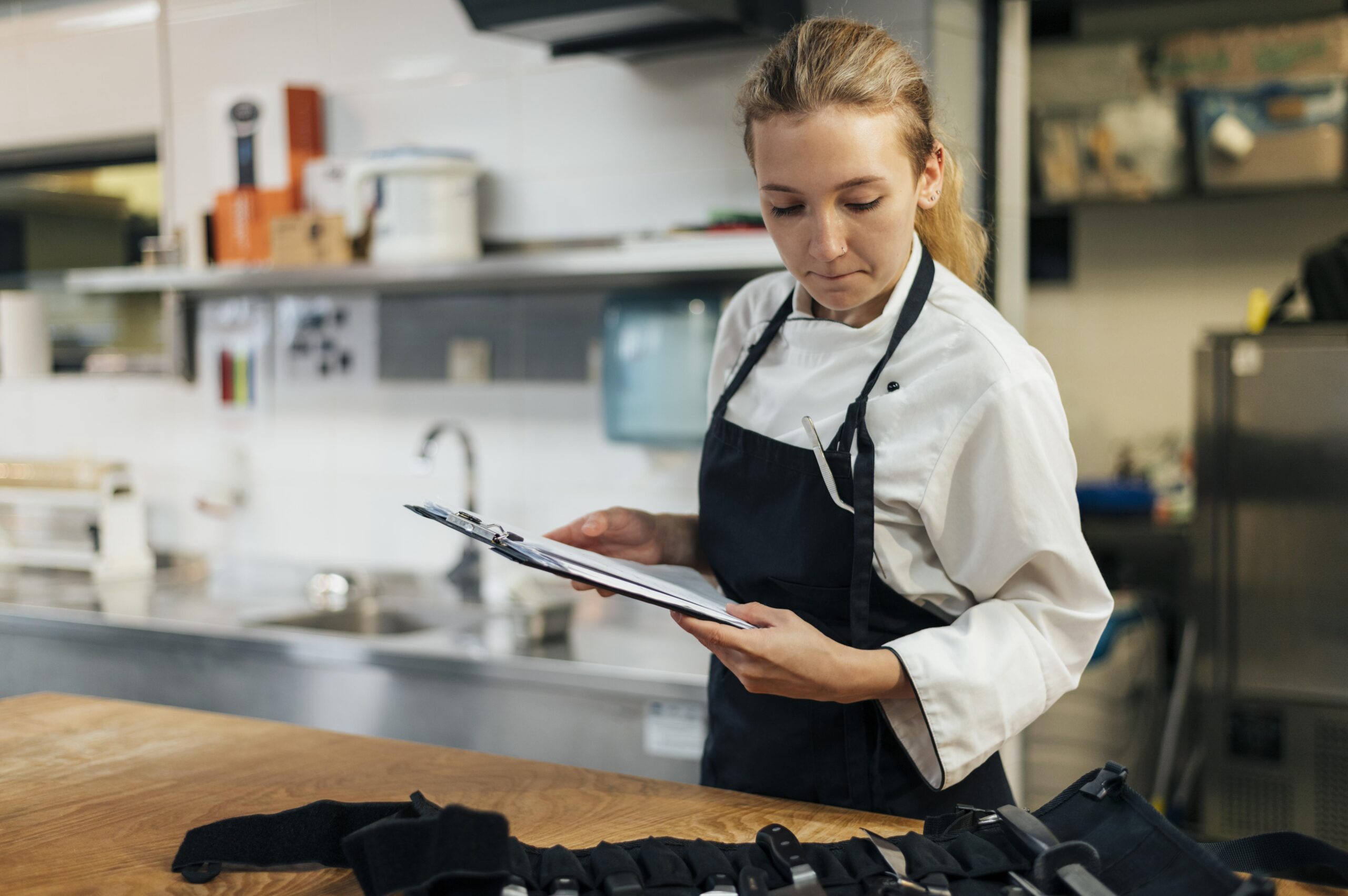 female chef with clipboard checking her tools scaled